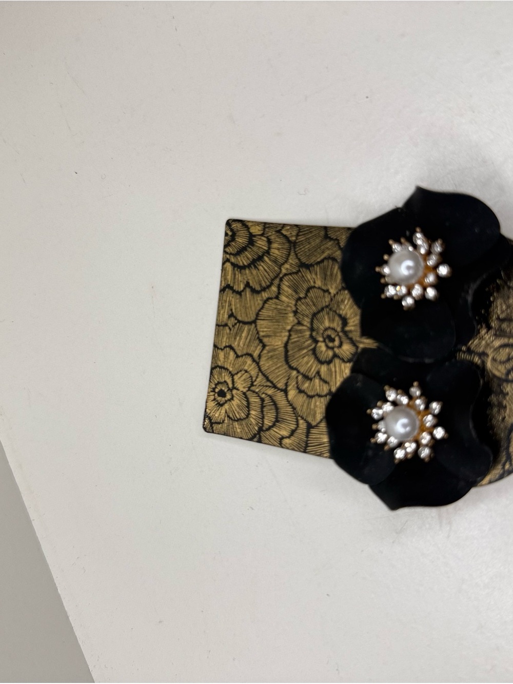 Jona Black Flower Pearl Rhinestone Statement Stud Earrings Vintage Glam Chic
